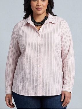 😍SHOW SPECIAL TILLEY Cream Pink Brown Striped Stretch Button Front Shirt 2X